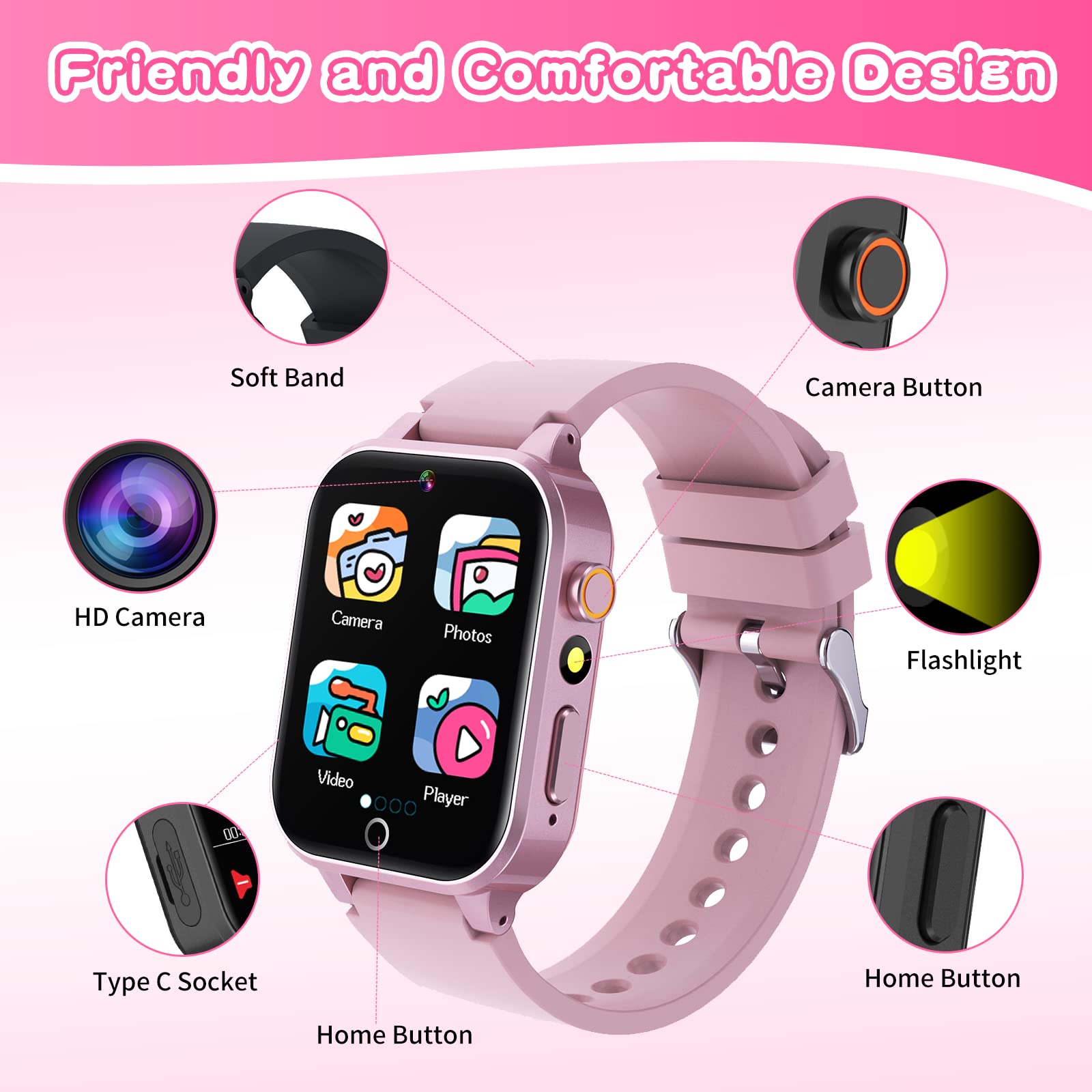 Kids Smart Watch Gift for Girls Age 5-12, 26 Games HD Touch Screen Watches with Video Camera Music Player Pedometer Flashlight 12/24 hr Educational Toys Birthday Gifts for Girls Ages 7 8 9 10