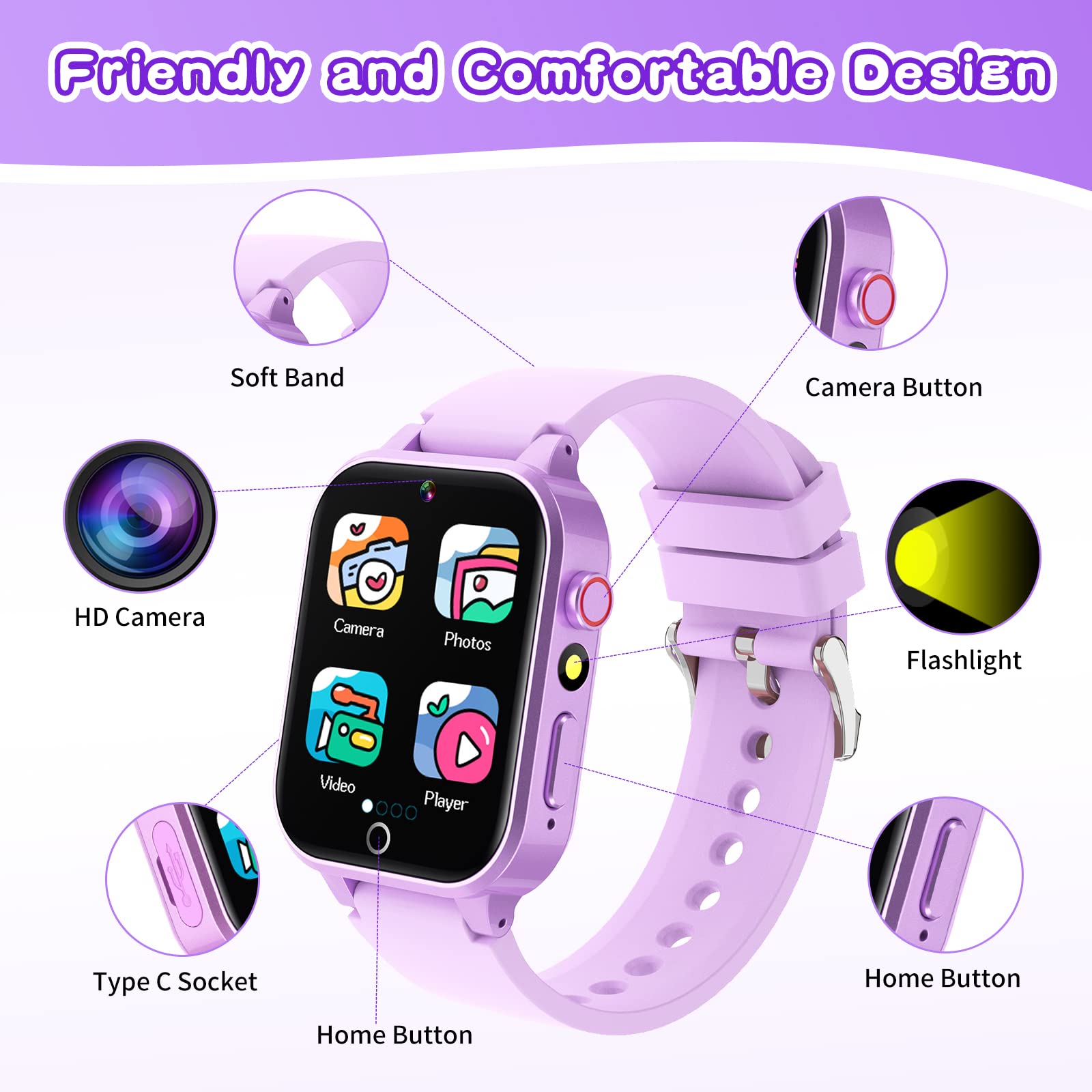 Kids Smart Watch Gift for Girls Age 5-12, 26 Games HD Touch Screen Watches with Video Camera Music Player Pedometer Flashlight 12/24 hr Educational Toys Birthday Gifts for Girls Ages 7 8 9 10