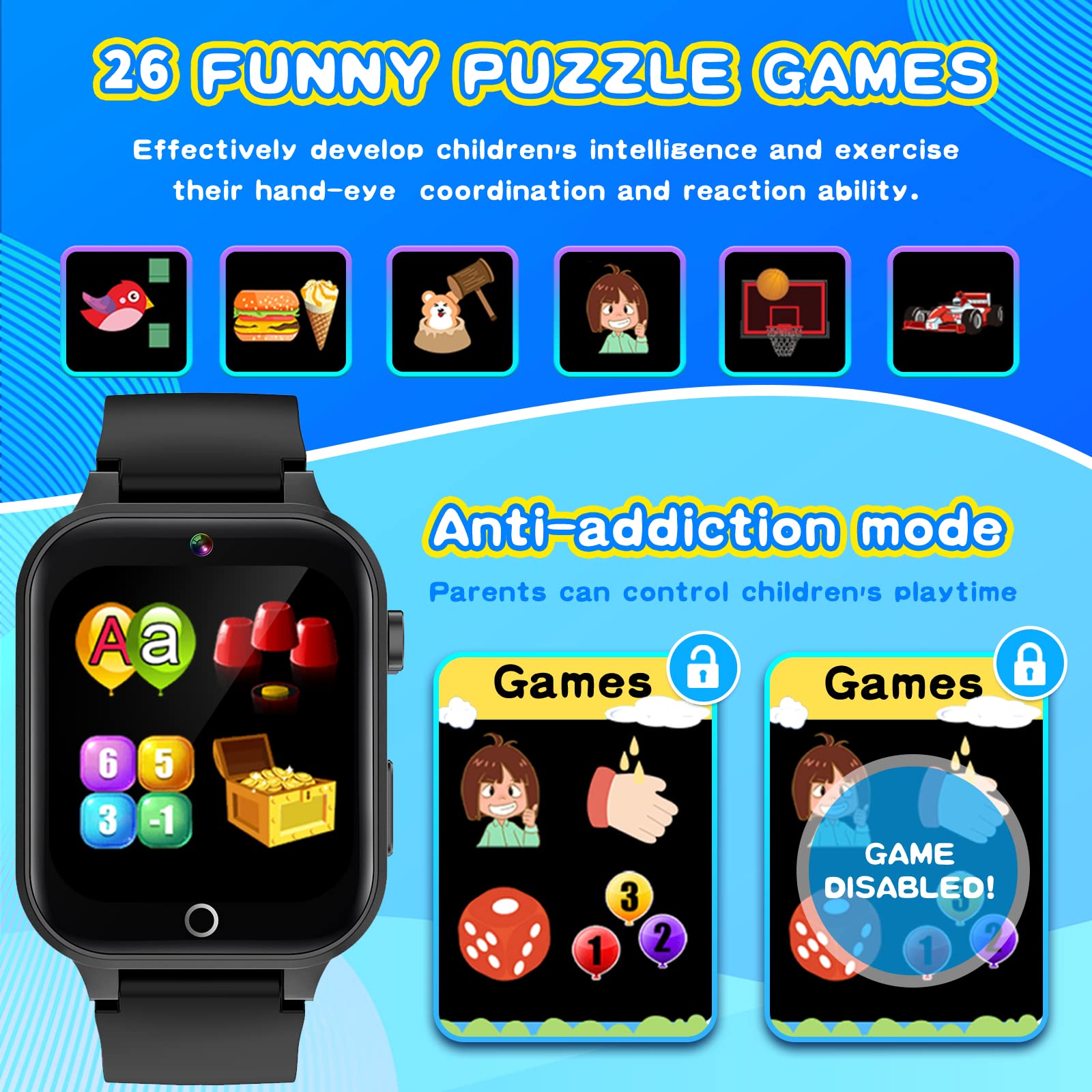 Kids Smart Watch Gift for Girls Age 5-12, 26 Games HD Touch Screen Watches with Video Camera Music Player Pedometer Flashlight 12/24 hr Educational Toys Birthday Gifts for Girls Ages 7 8 9 10