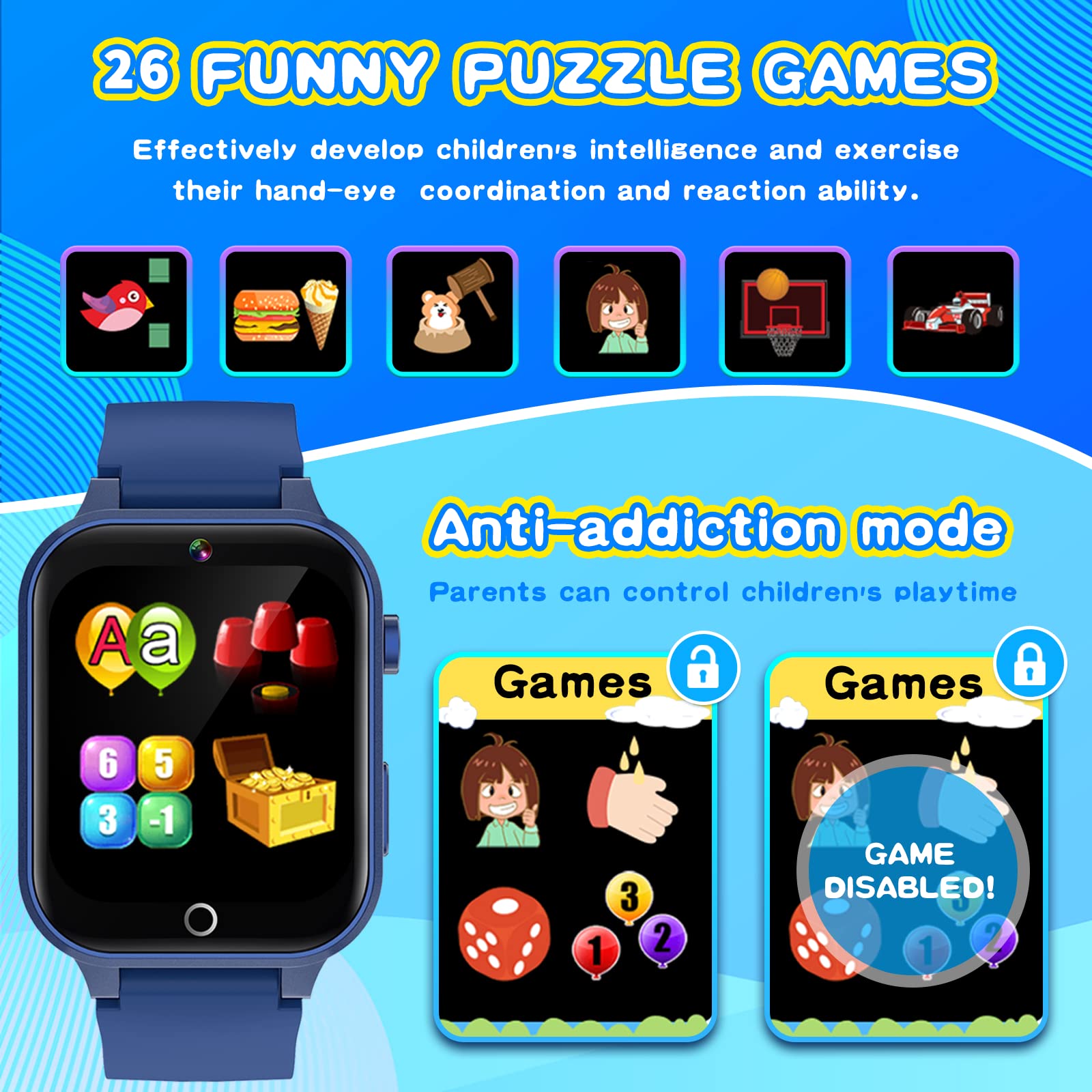 Kids Smart Watch Gift for Girls Age 5-12, 26 Games HD Touch Screen Watches with Video Camera Music Player Pedometer Flashlight 12/24 hr Educational Toys Birthday Gifts for Girls Ages 7 8 9 10