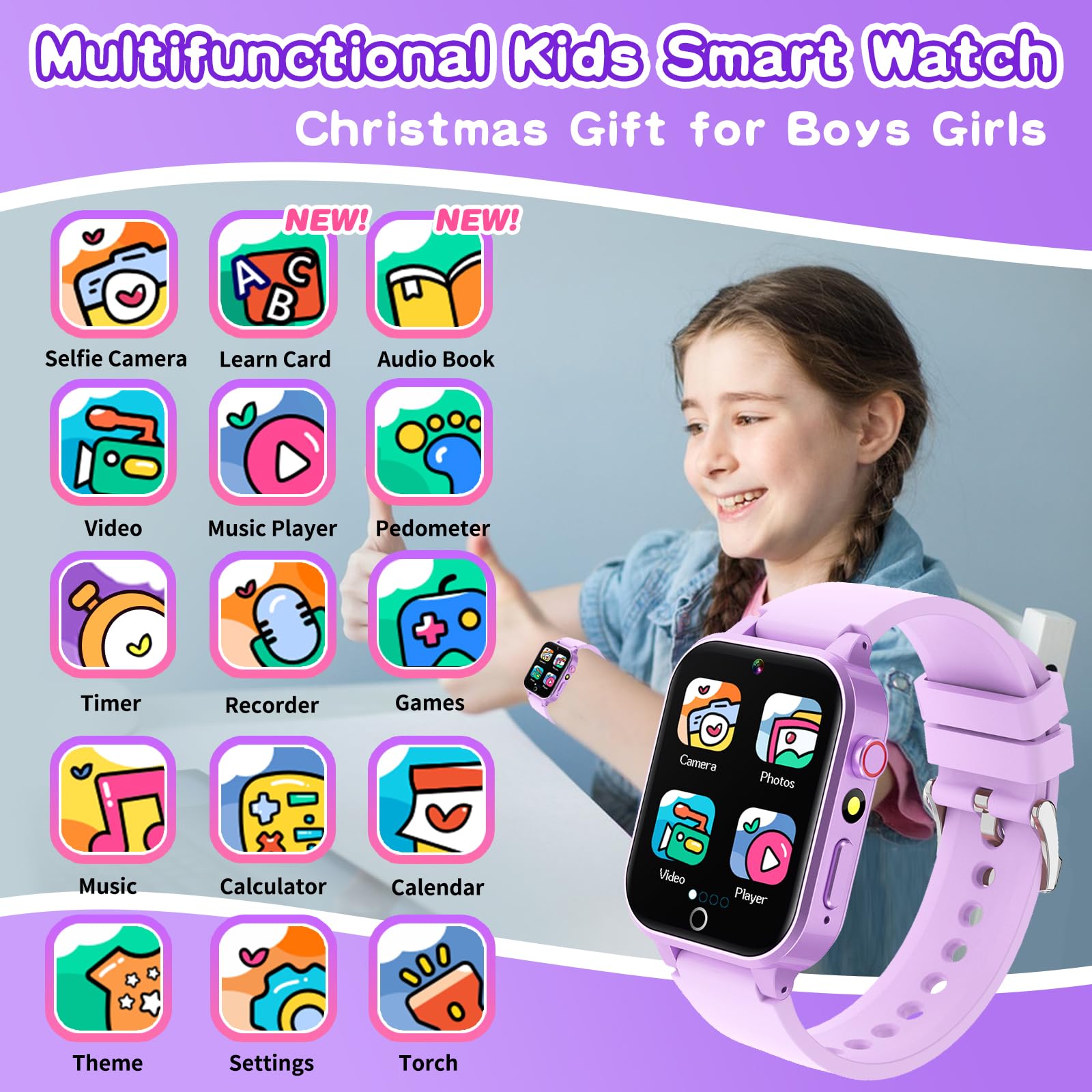 Kids Smart Watch Gift for Girls Age 5-12, 26 Games HD Touch Screen Watches with Video Camera Music Player Pedometer Flashlight 12/24 hr Educational Toys Birthday Gifts for Girls Ages 7 8 9 10